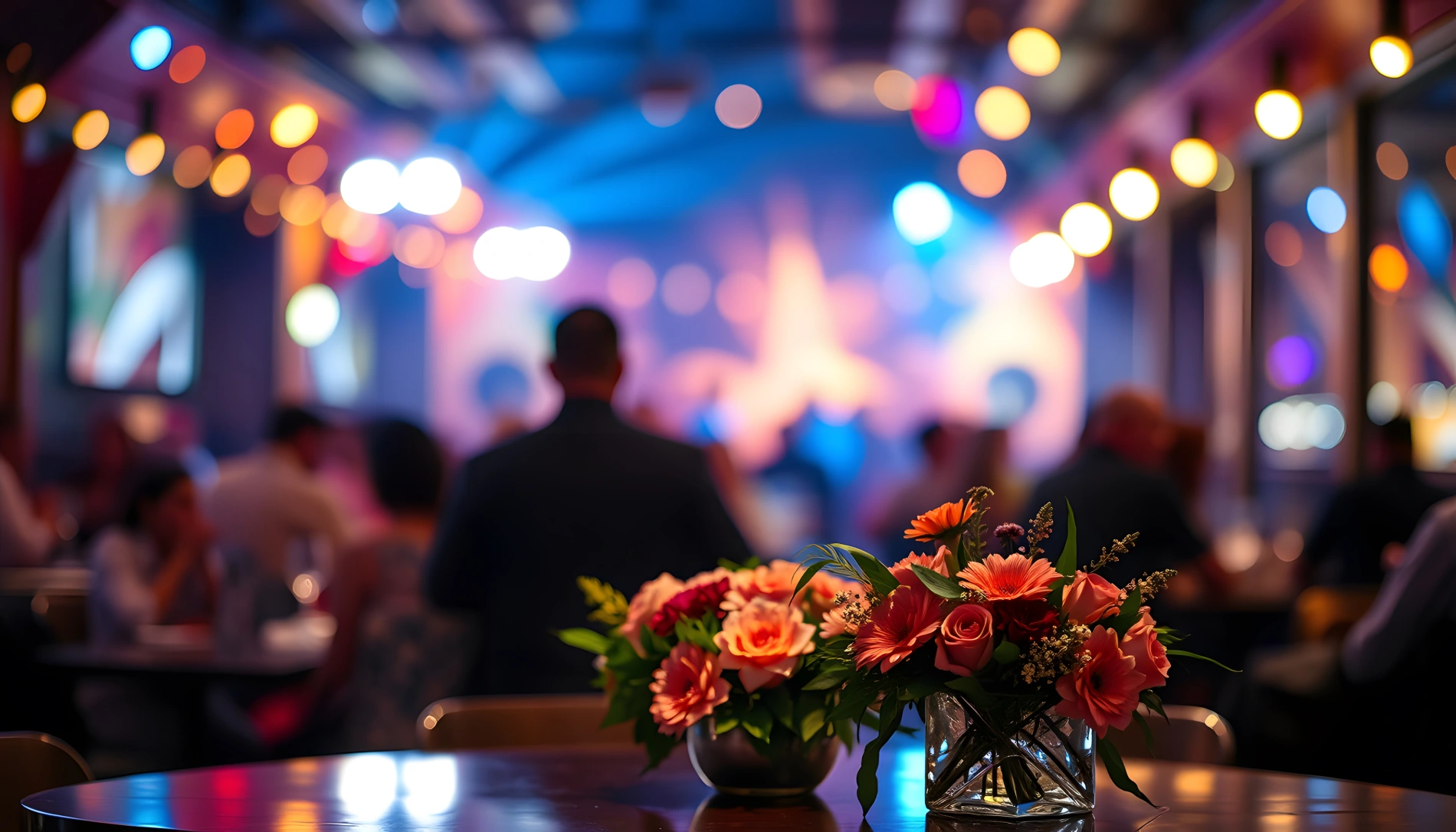 blurred party background with served table with bouquet flowers people sitting